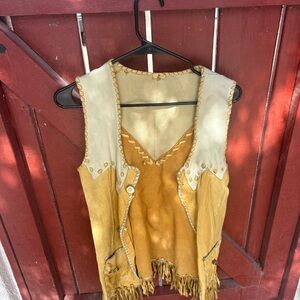 Vintage Tan and Cream Leather Vest with Fringe